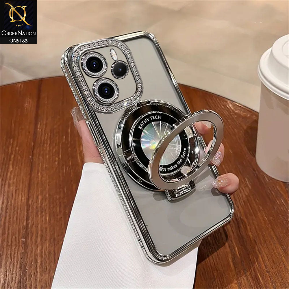 Xiaomi Redmi Note 14 4G Cover - Silver - Luxury Diamond Rhinestones Color Electroplating Borders Magsafe Magnetic Stand Holder Soft Clear Case With Camera Protection