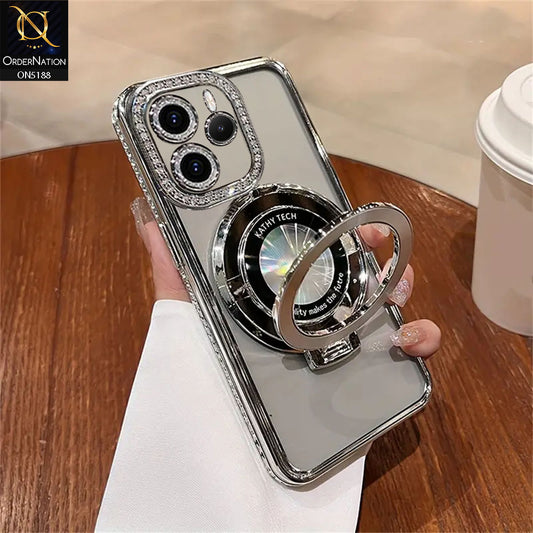 Xiaomi Redmi Note 14 4G Cover - Silver - Luxury Diamond Rhinestones Color Electroplating Borders Magsafe Magnetic Stand Holder Soft Clear Case With Camera Protection