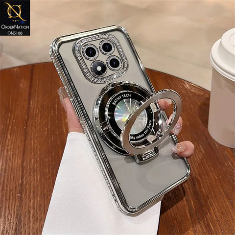 Xiaomi Redmi Note 14 Pro Plus 5G Cover - Silver - Luxury Diamond Rhinestones Color Electroplating Borders Magsafe Magnetic Stand Holder Soft Clear Case With Camera Protection