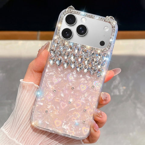 iPhone 17 Pro Max Cover - Pink - Luxury Rhinestone Diamond Mobile Cover Featuring Built-in Vanity Mirror and Sparkling Hanging Crystals
