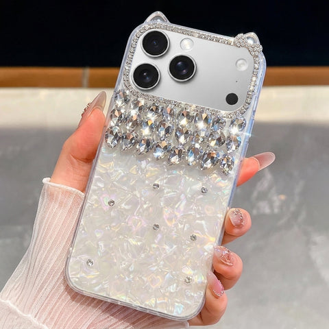 iPhone 17 Pro Max Cover - White - Luxury Rhinestone Diamond Mobile Cover Featuring Built-in Vanity Mirror and Sparkling Hanging Crystals