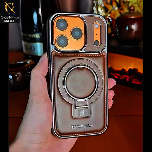iPhone 17 Pro Max - Coffee Brown - New Rimbmax High Quality Leather Case With Metal Camera Ring And KickStand