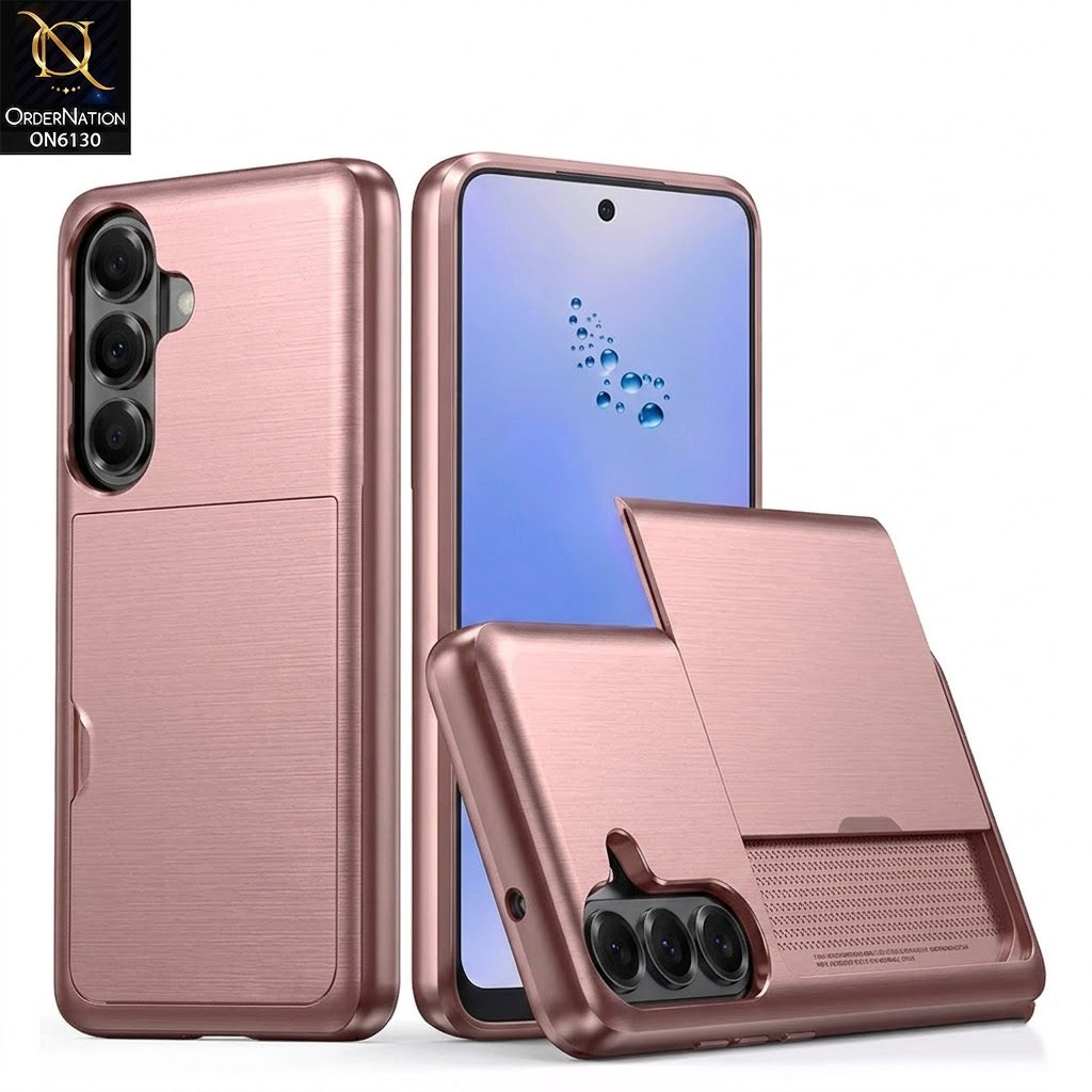 Samsung Galaxy A35 Cover - Rose Gold - Mobile Case Sliding Wallet Card Holder and shockproof bumper edges