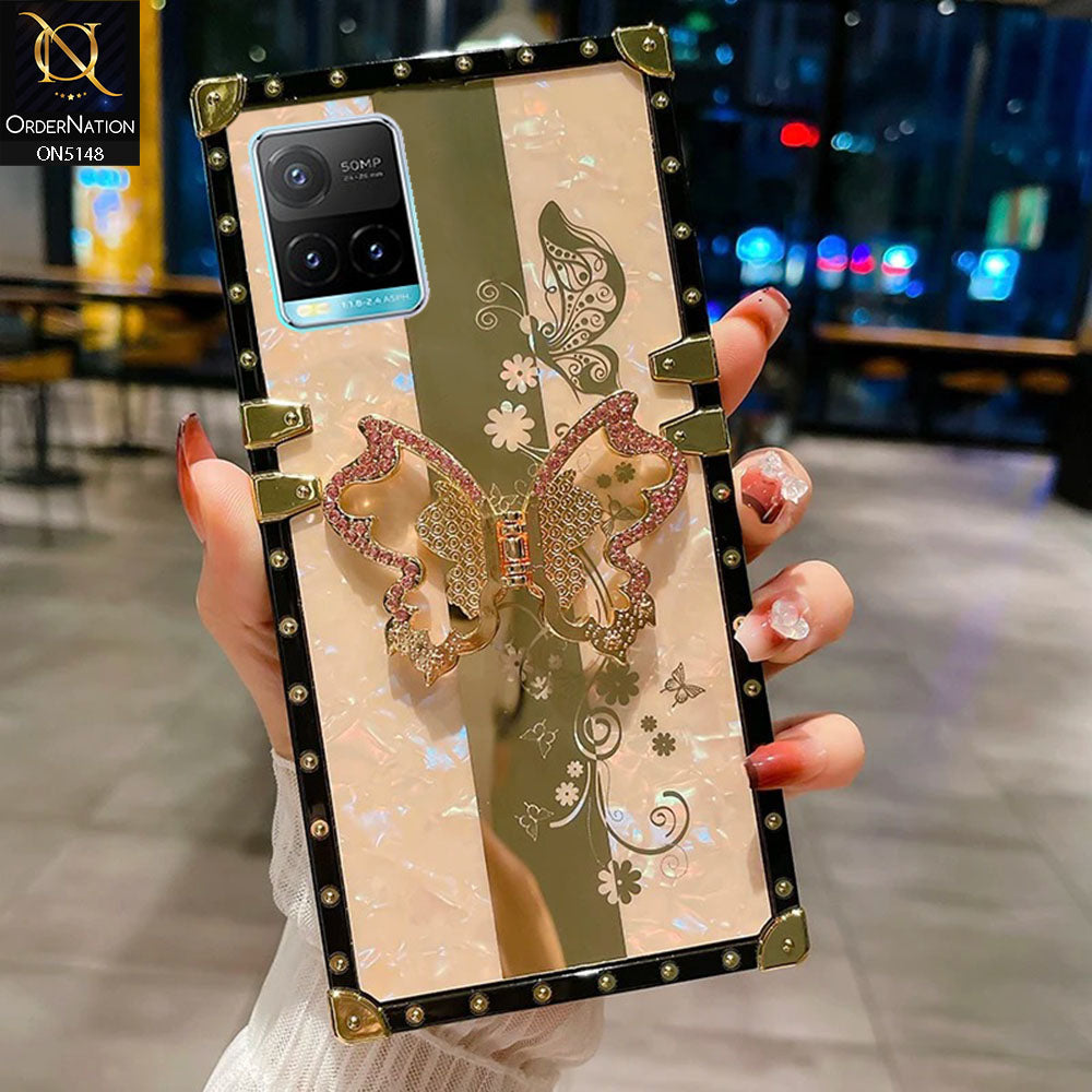 Vivo Y21e Cover - Rose Gold -  Luxury Shiny Rhinestone Butterfly Electroplated Square Trunk Soft Case