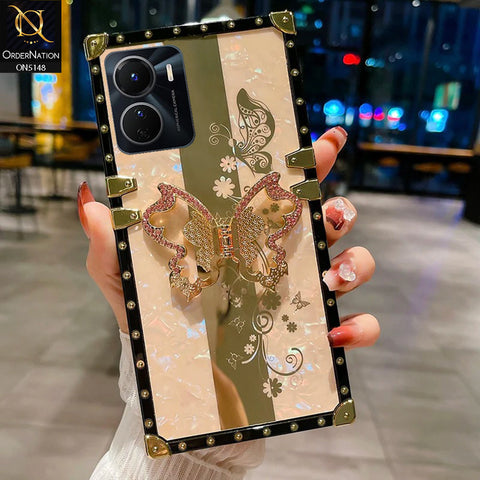 Vivo Y35m Cover - Rose Gold -  Luxury Shiny Rhinestone Butterfly Electroplated Square Trunk Soft Case