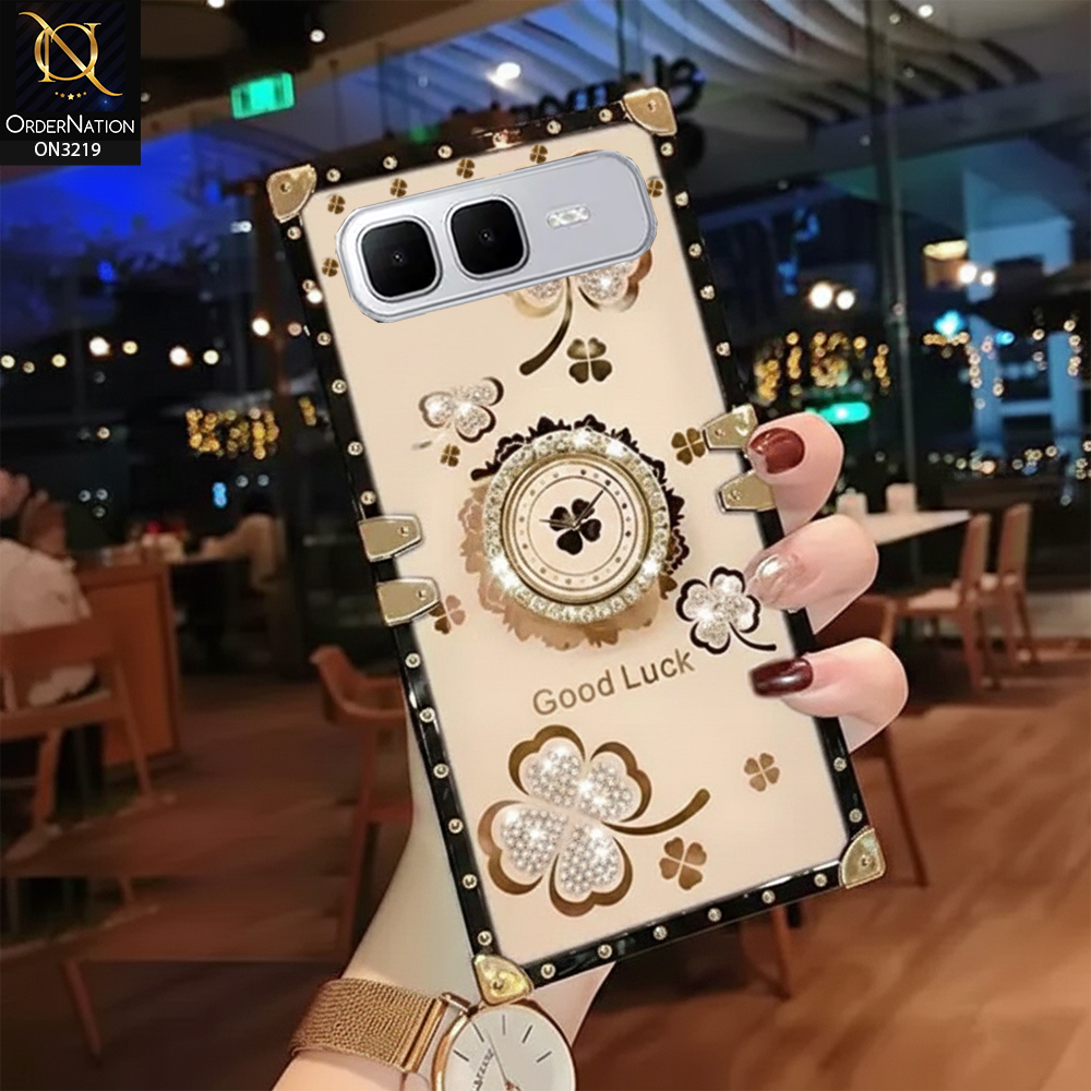 Infinix Smart 10 Plus Cover - Golden - Square Bling Diamond Glitter Soft TPU Trunk Case with Ring Holder