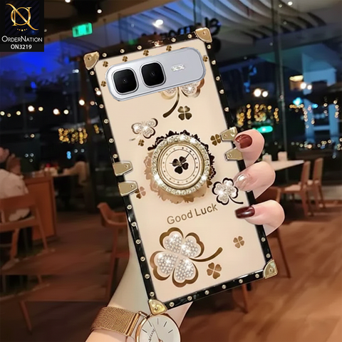 Infinix Smart 10 Plus Cover - Golden - Square Bling Diamond Glitter Soft TPU Trunk Case with Ring Holder