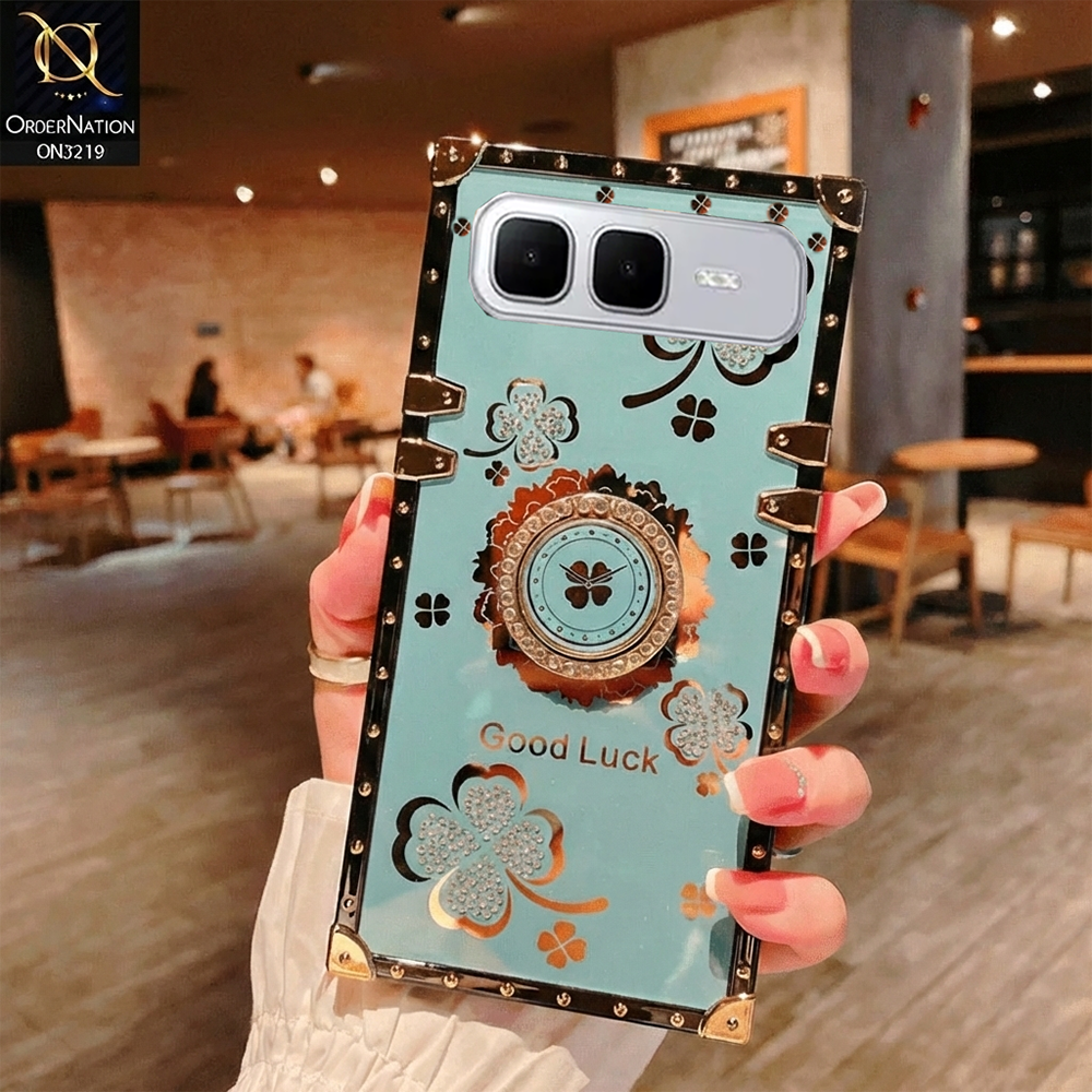 Infinix Smart 10 Plus Cover - Green - Square Bling Diamond Glitter Soft TPU Trunk Case with Ring Holder