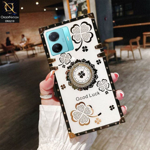 Vivo S15e Cover - Ash White - Square Bling Diamond Glitter Soft TPU Trunk Case with Ring Holder
