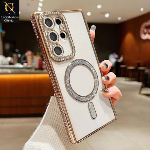Samsung Galaxy S24 Ultra Cover - Golden - New Prime Opulent Luxurious Rhinestones Clear Case With MagSafe And Camera Protection