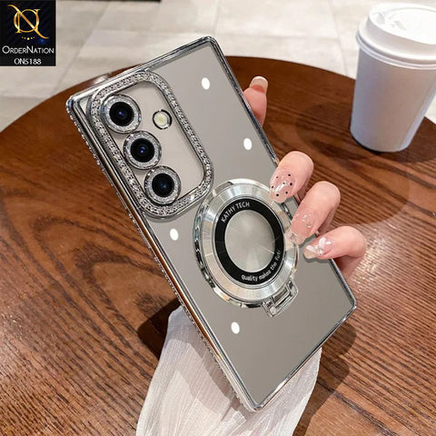 Samsung Galaxy A35 Cover - Silver - Luxury Diamond Rhinestones Color Electroplating Borders Magsafe Magnetic Stand Holder Soft Clear Case With Camera Protection