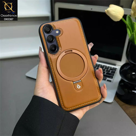 Samsung Galaxy A55 Cover - Brown - Luxury Leather Case Supports Magsafe Wireless Charging, Kickstand Bracket Holder Soft Border Case