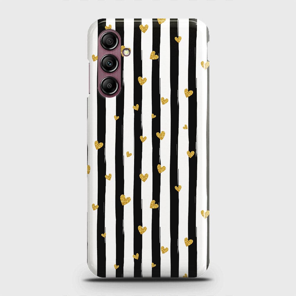 Samsung Galaxy A14 4G Cover - Trendy Black & White Lining With Golden Hearts Printed Hard Case with Life Time Colors Guarantee (Fast Delivery)