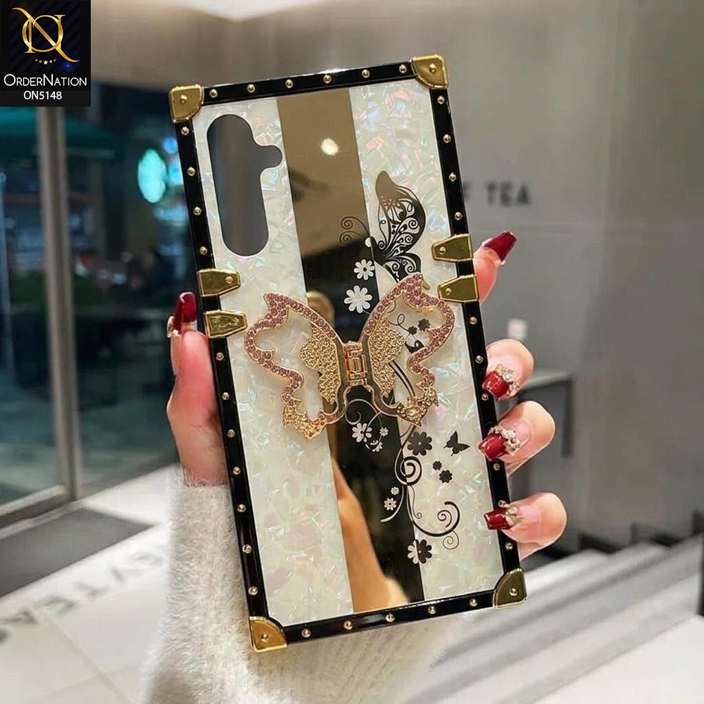 Samsung Galaxy A14 5G - White - Luxury Shiny Rhinestone Butterfly Electroplated Square Trunk Soft Case