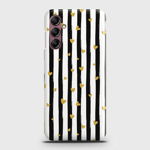 Samsung Galaxy A14 5G Cover - Trendy Black & White Lining With Golden Hearts Printed Hard Case with Life Time Colors Guarantee (Fast Delivery)