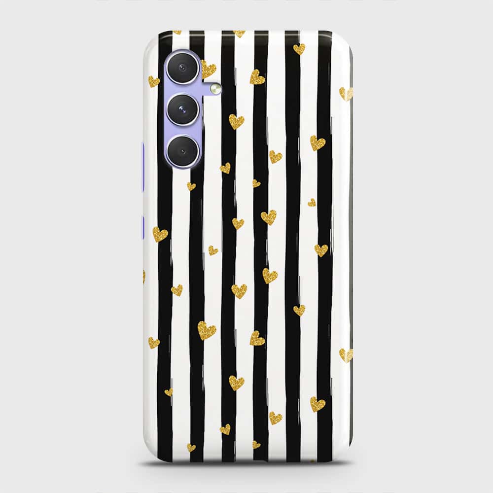Samsung Galaxy A54 5G Cover - Trendy Black & White Lining With Golden Hearts Printed Hard Case with Life Time Colors Guarantee (Fast Delivery)