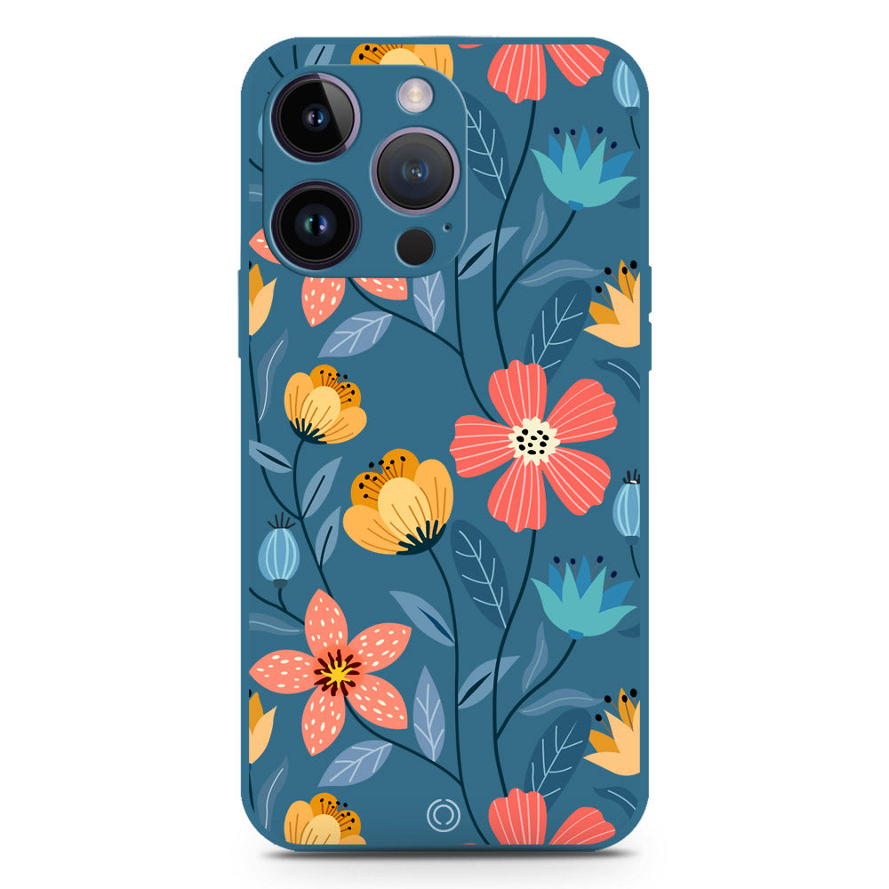 iPhone 14 Pro Cover - Blue - D2 - ONation Floral Series - HQ Liquid Silicone Soft Case