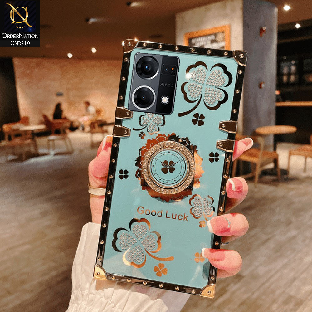 Oppo Reno 7 4G Cover - Seafoam Green -  Square Bling Diamond Glitter Soft TPU Trunk Case with Ring Holder