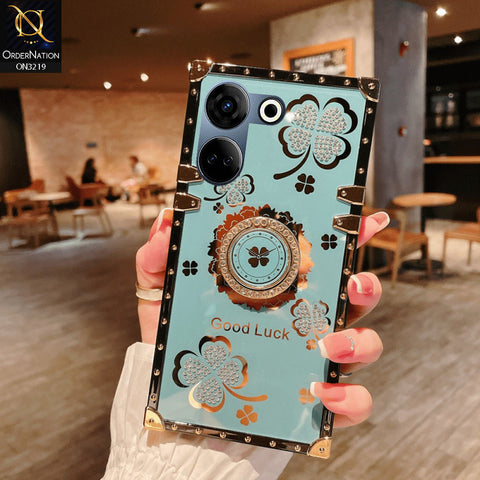 Tecno Camon 20 Pro Cover - Seafoam Green -  Square Bling Diamond Glitter Soft TPU Trunk Case with Ring Holder