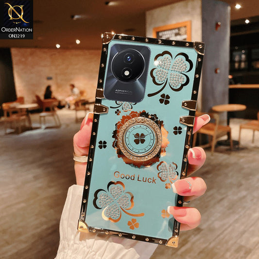 Vivo Y11 2023 Cover - Seafoam Green  - Square Bling Diamond Glitter Soft TPU Trunk Case with Ring Holder