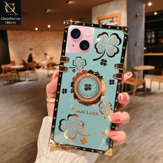 iPhone 15 Cover - Seafoam Green  - Square Bling Diamond Glitter Soft TPU Trunk Case with Ring Holder