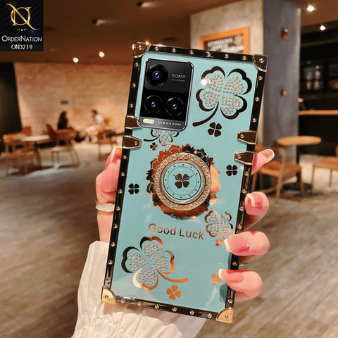 Vivo Y21a Cover - Seafoam Green -  Square Bling Diamond Glitter Soft TPU Trunk Case with Ring Holder