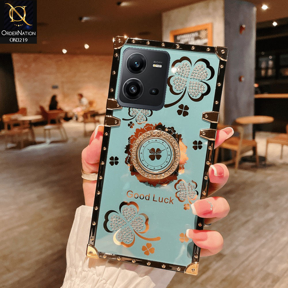 Vivo V25e Cover - Seafoam Green -  Square Bling Diamond Glitter Soft TPU Trunk Case with Ring Holder