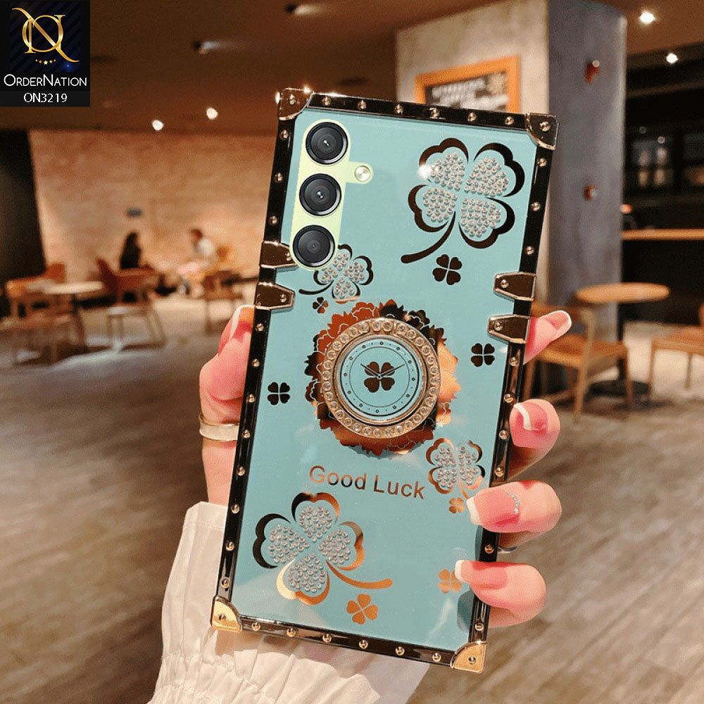 Samsung Galaxy A24 4G Cover - Seafoam Green -  Square Bling Diamond Glitter Soft TPU Trunk Case with Ring Holder