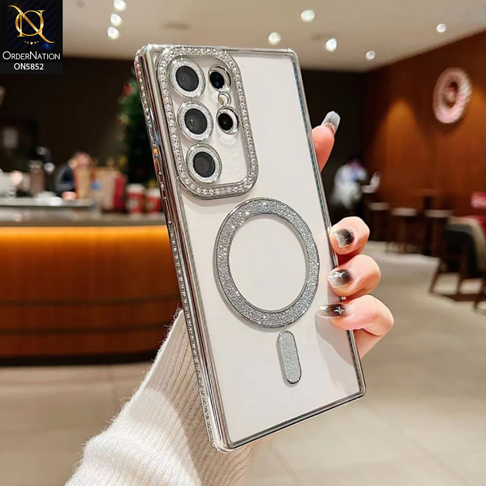 Samsung Galaxy S23 Ultra 5G Cover - Silver - New Prime Opulent Luxurious Rhinestones Clear Case With MagSafe And Camera Protection