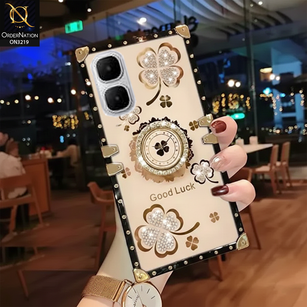 Infinix Smart 10 Cover - Golden - Square Bling Diamond Glitter Soft TPU Trunk Case with Ring Holder