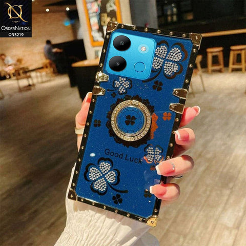 Infinix Smart 7 Cover - Blue - Square Bling Diamond Glitter Soft TPU Trunk Case with Ring Holder