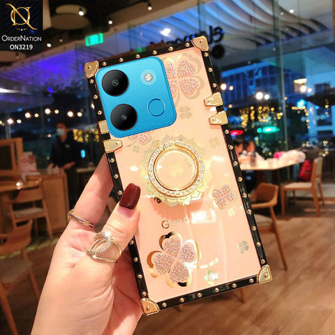 Tecno Pop 7 Pro Cover - Golden -  Square Bling Diamond Glitter Soft TPU Trunk Case with Ring Holder