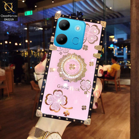 Tecno Pop 7 Cover - Pink -  Square Bling Diamond Glitter Soft TPU Trunk Case with Ring Holder