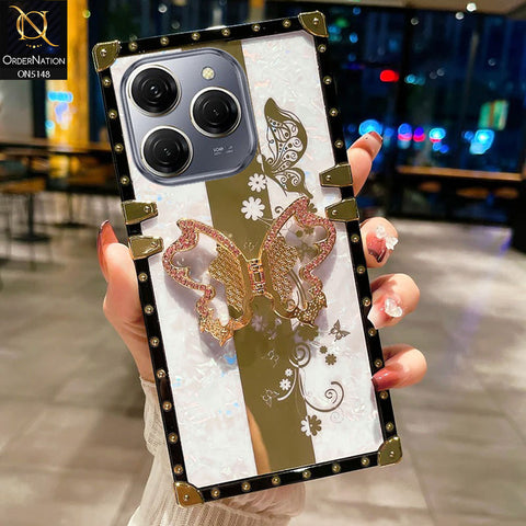 Tecno Spark 20 Pro Cover - White -  Luxury Shiny Rhinestone Butterfly Electroplated Square Trunk Soft Case