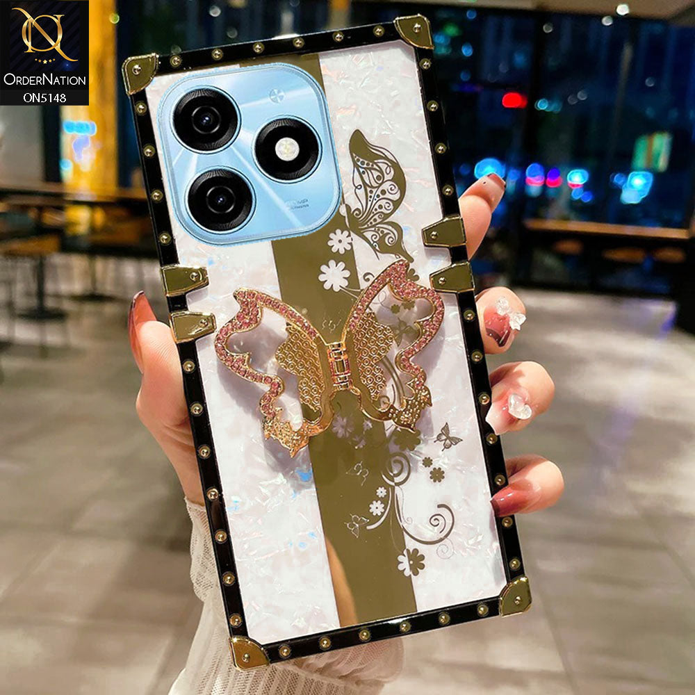 Tecno Spark 20C Cover - White -  Luxury Shiny Rhinestone Butterfly Electroplated Square Trunk Soft Case