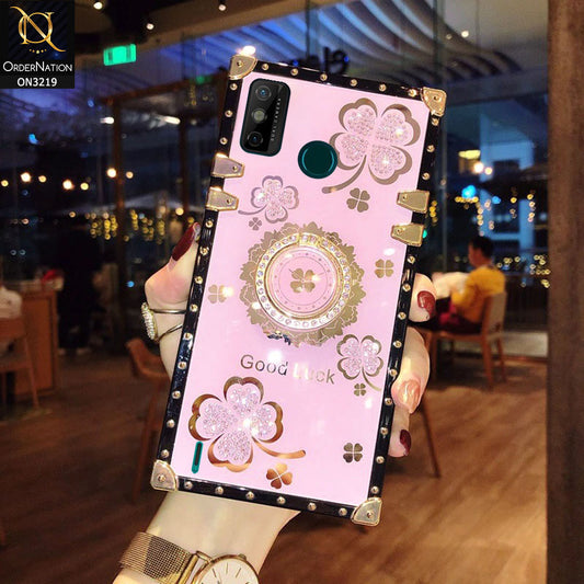 Tecno Spark 6 Go Cover - Pink -  Square Bling Diamond Glitter Soft TPU Trunk Case with Ring Holder