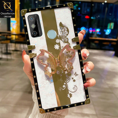 Tecno Spark 6 Go Cover - White -  Luxury Shiny Rhinestone Butterfly Electroplated Square Trunk Soft Case