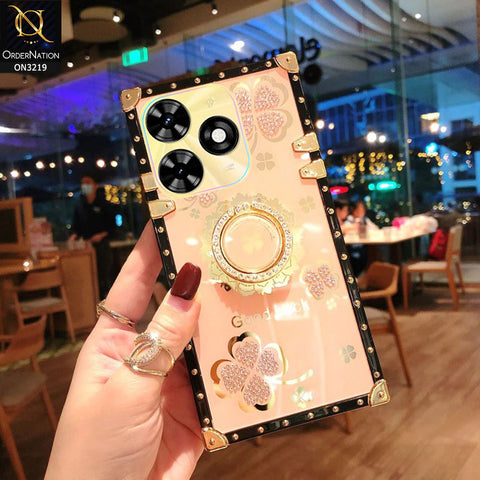 Tecno Spark 20C Cover - Golden -  Square Bling Diamond Glitter Soft TPU Trunk Case with Ring Holder