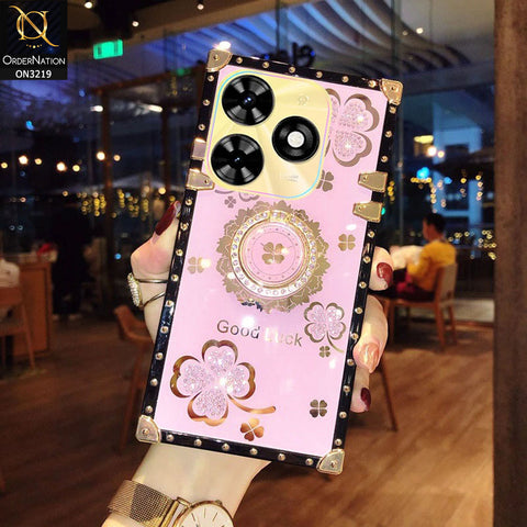 Infinix Hot 40i Cover - Pink -  Square Bling Diamond Glitter Soft TPU Trunk Case with Ring Holder