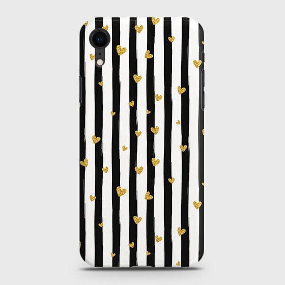 iPhone XR - Trendy Black & White Lining With Golden Hearts Printed Hard Case With Life Time Colors GuaranteeB ( Fast Delivery )