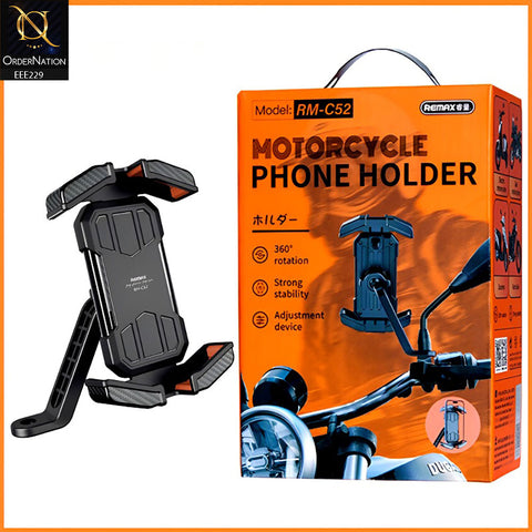 Remax RM-C52 Motorcycle Phone Holder | Rearview Mirror Mount | Auto Lock & 360° Rotation - Black