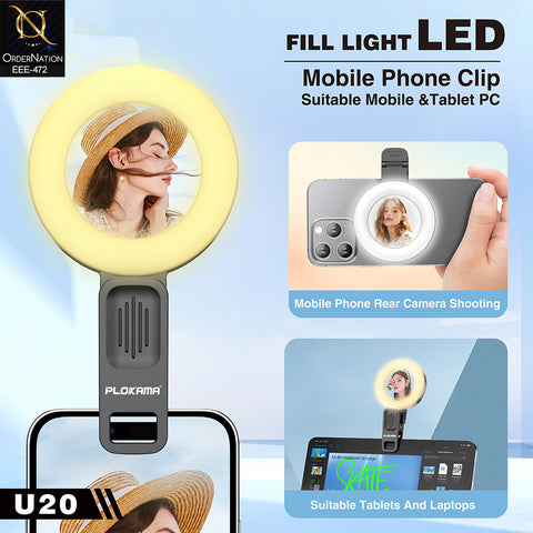 Plokama U20 Mini Clip-on LED Selfie Ring Light with Convex Mirror for Smartphones