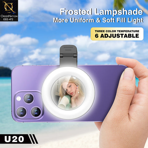 Plokama U20 Mini Clip-on LED Selfie Ring Light with Convex Mirror for Smartphones