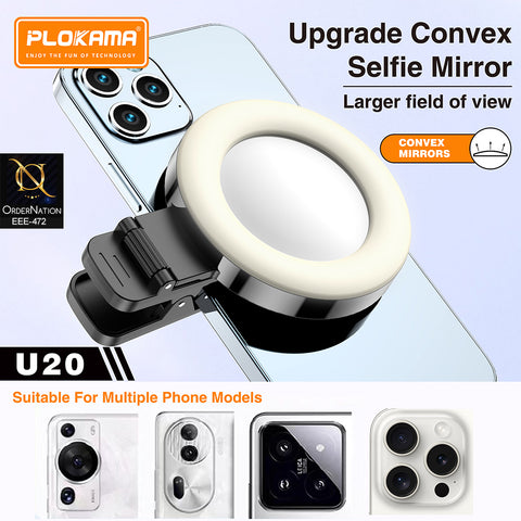 Plokama U20 Mini Clip-on LED Selfie Ring Light with Convex Mirror for Smartphones