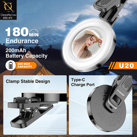 Plokama U20 Mini Clip-on LED Selfie Ring Light with Convex Mirror for Smartphones