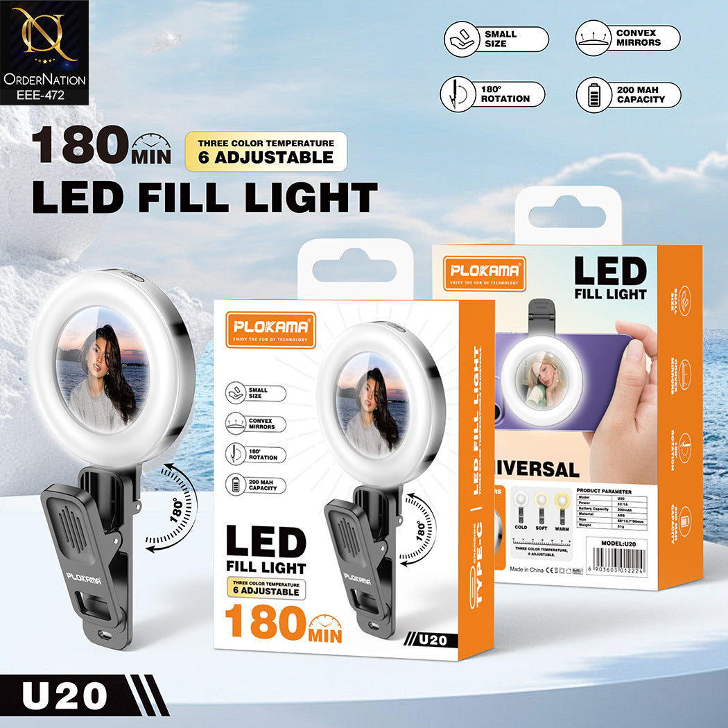 Plokama U20 Mini Clip-on LED Selfie Ring Light with Convex Mirror for Smartphones