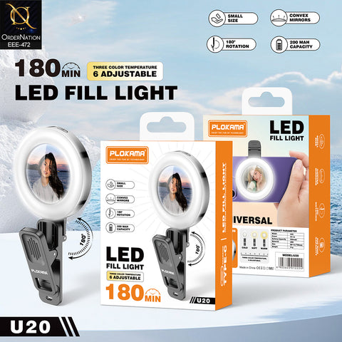 Plokama U20 Mini Clip-on LED Selfie Ring Light with Convex Mirror for Smartphones