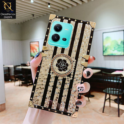 Vivo V25 5G Cover - Design2 - 3D illusion Gold Flowers Soft Trunk Case With Ring Holder