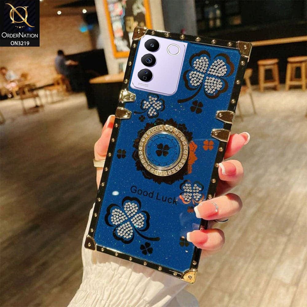 Vivo V27e Cover - Blue - Square Bling Diamond Glitter Soft TPU Trunk Case with Ring Holder