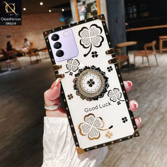 Vivo V27e Cover - Ash White - Square Bling Diamond Glitter Soft TPU Trunk Case with Ring Holder